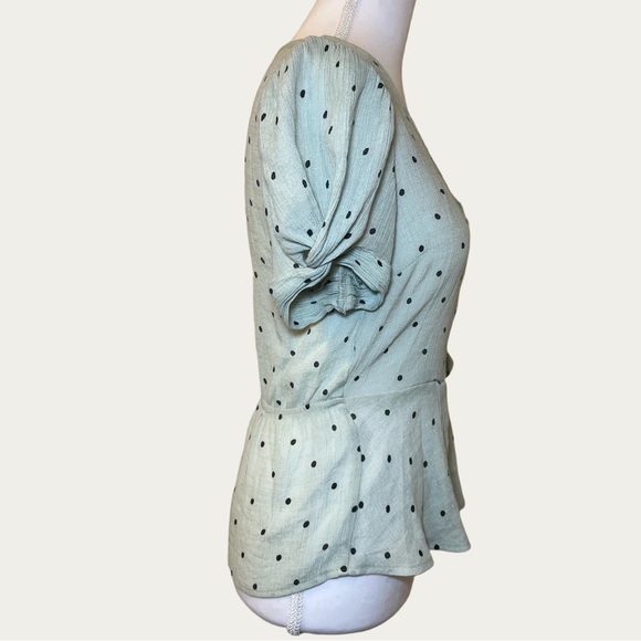 E & M Women’s Chic Mint And Black Polka Dot Wrap Blouse Bow Detail Size Small - Picture 3 of 15